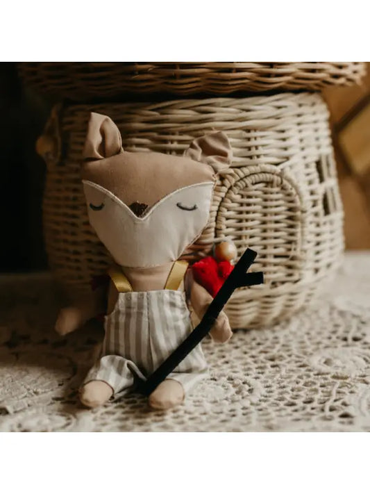 fabric fox doll with overalls walking stick and backpack