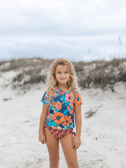 Navy and Orange Floral Short Sleeve Rash Guard Swimsuit