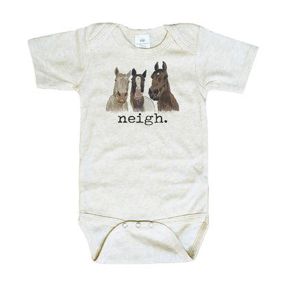 Baby onesie with horse illustrations and 'neigh.' text on a white background