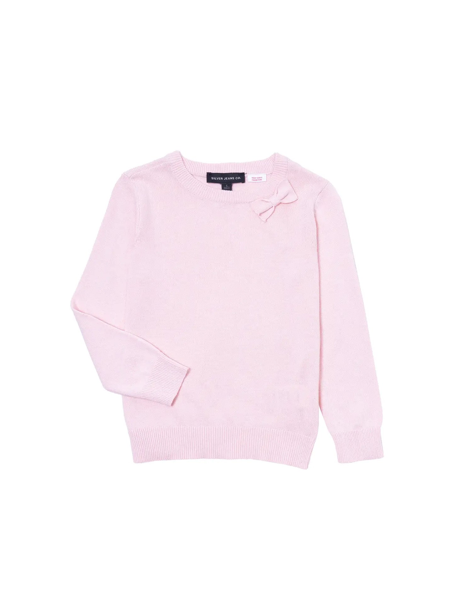 girls pink sweater with bow detail at collar