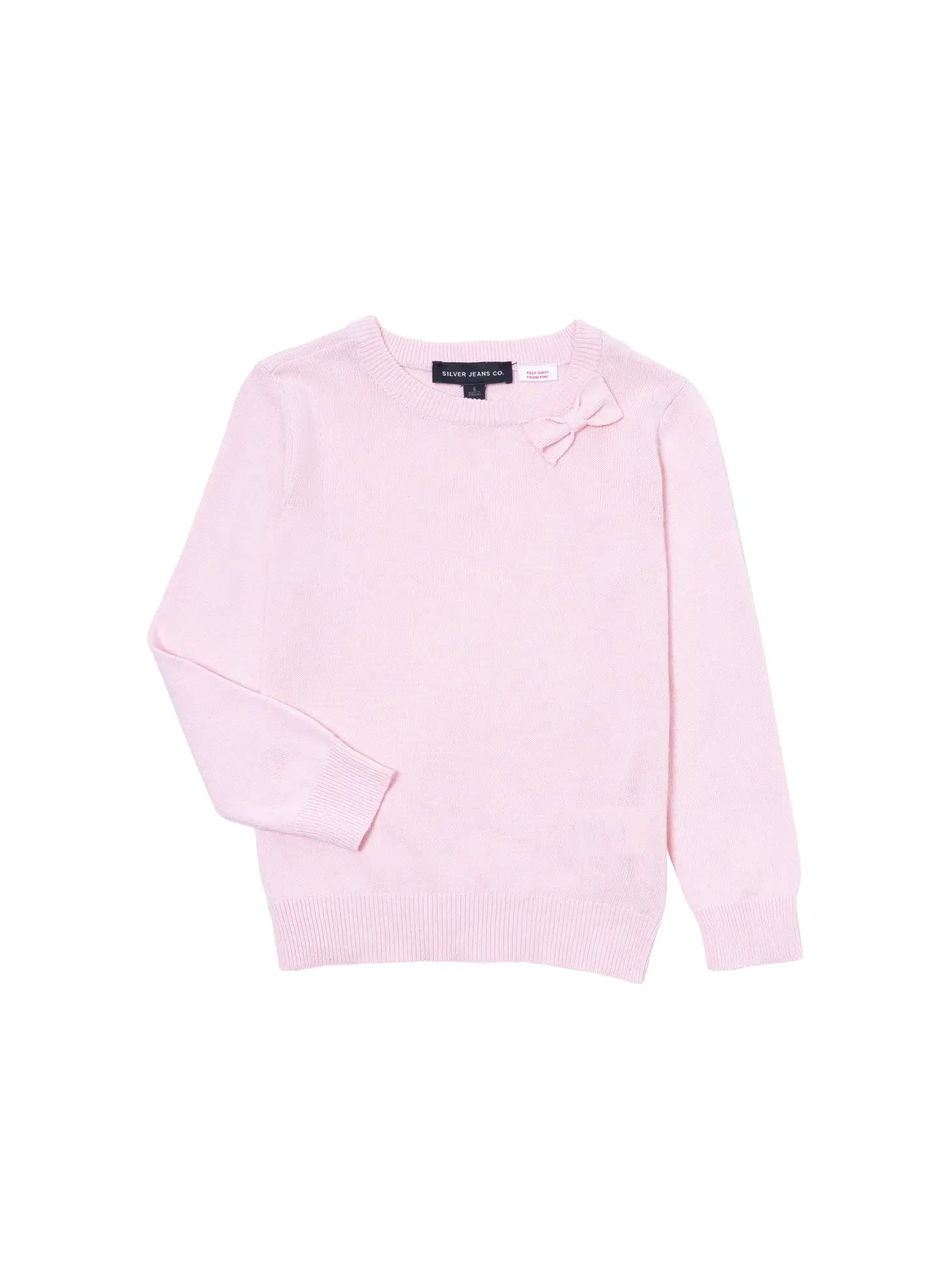 girls pink sweater with bow detail at collar