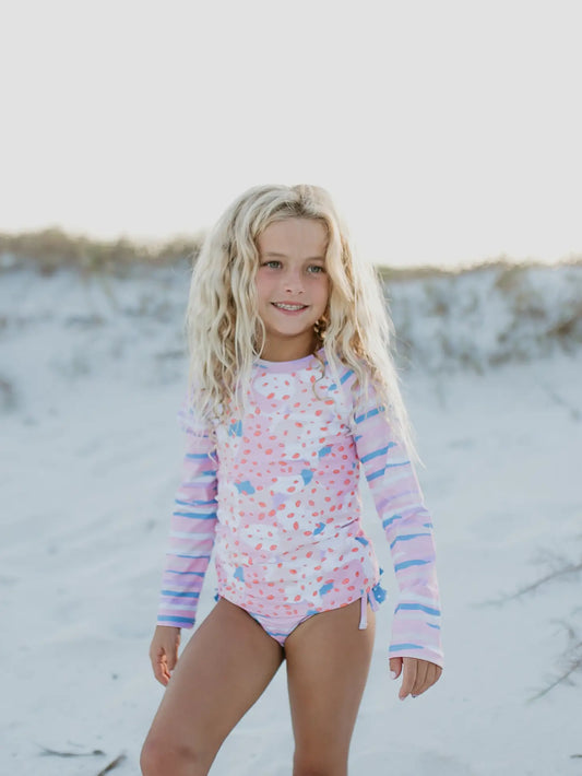 pink purple and blue long sleeve rash guard tankini 
