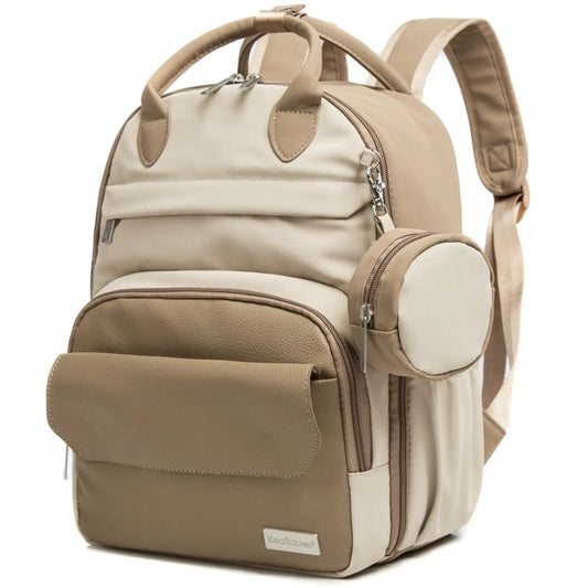 Light brown diaper bag backpack with pockets and changing pad