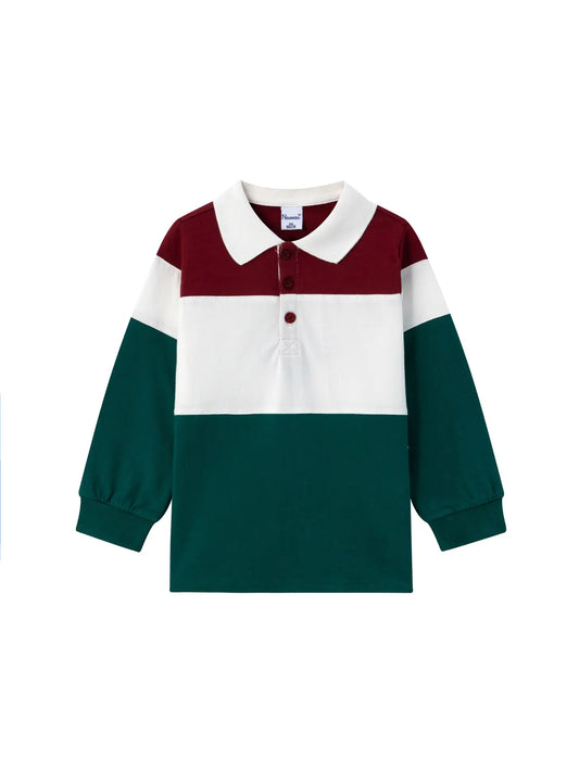 boys long sleeve polo shirt with red green and white broad stripes