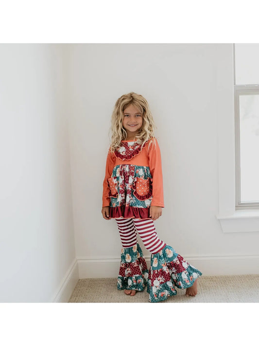 girls orange floral outfit set with long sleeve ruffle tunic and bell bottom pants