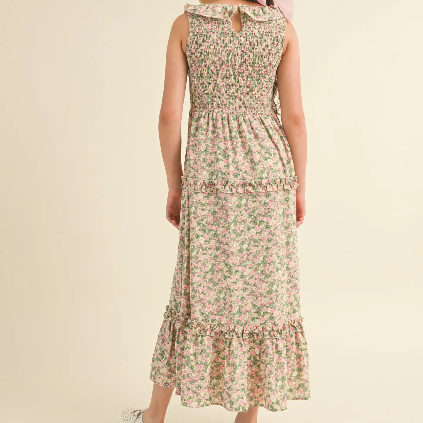 back details of tween girls maxi dress with pink and green flowers