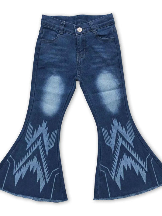 girls flair jeans with western pattern and an adjustable waist