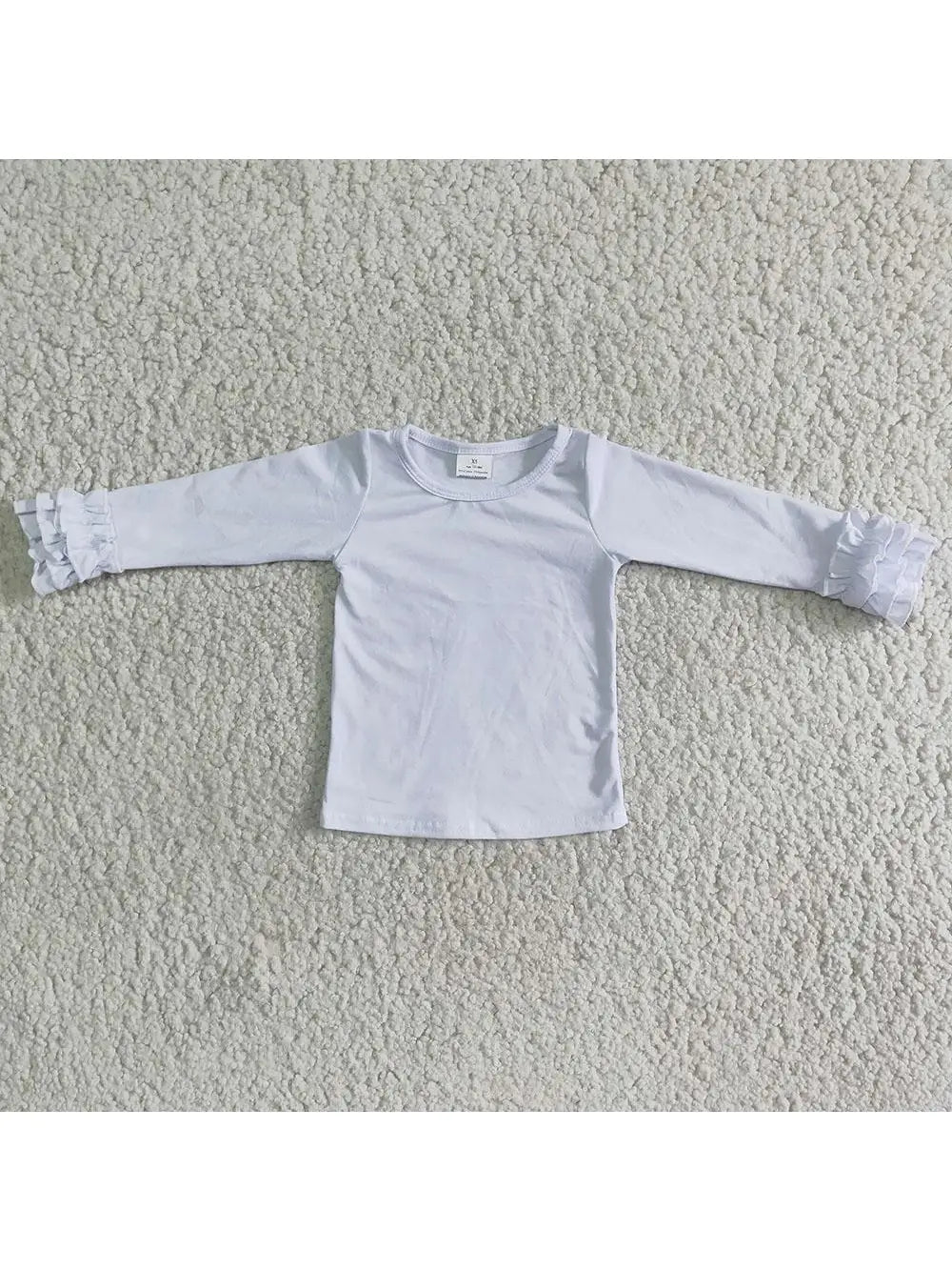 girls white long sleeve crew neck shirt with ruffles on cuffs