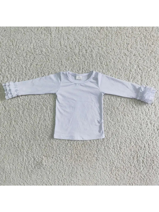 girls white long sleeve crew neck shirt with ruffles on cuffs