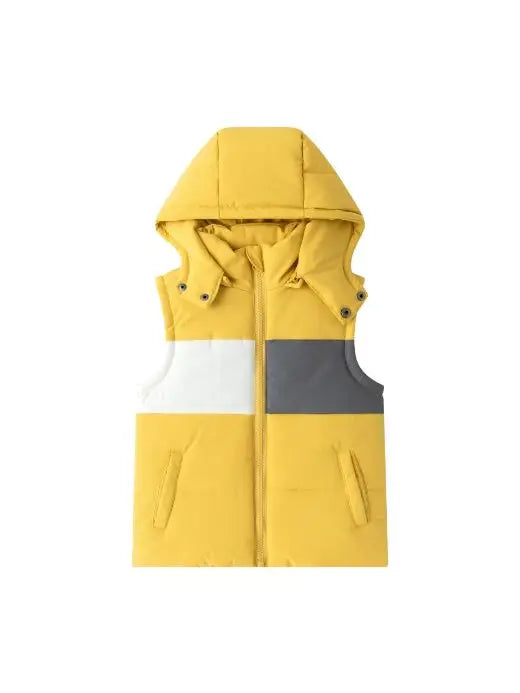 boys yellow puffer with grey and white color blocks, vest features removable hood