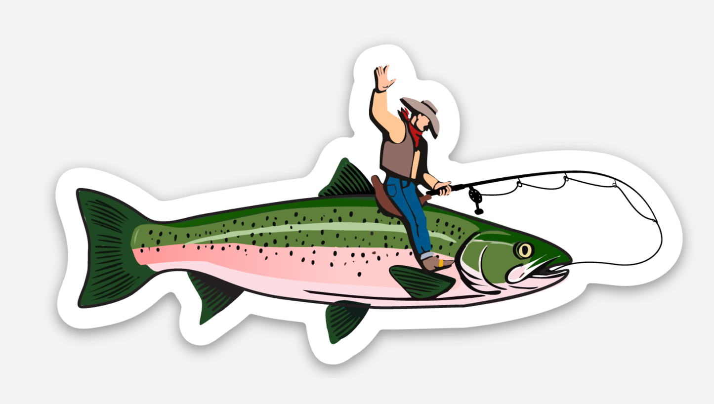Illustration of a person riding a fish with a fishing rod on a white background