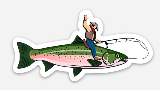 Illustration of a person riding a fish with a fishing rod on a white background