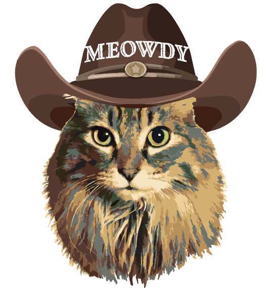 Cat wearing a cowboy hat with 'MEOWDY' text on a white background