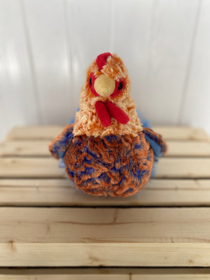 blue lace hen plush toy with orange and blue body 