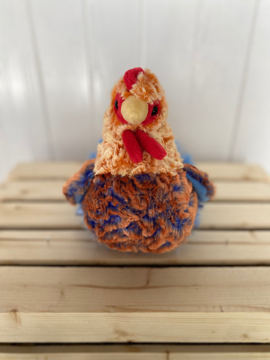 blue lace hen plush toy with orange and blue body 
