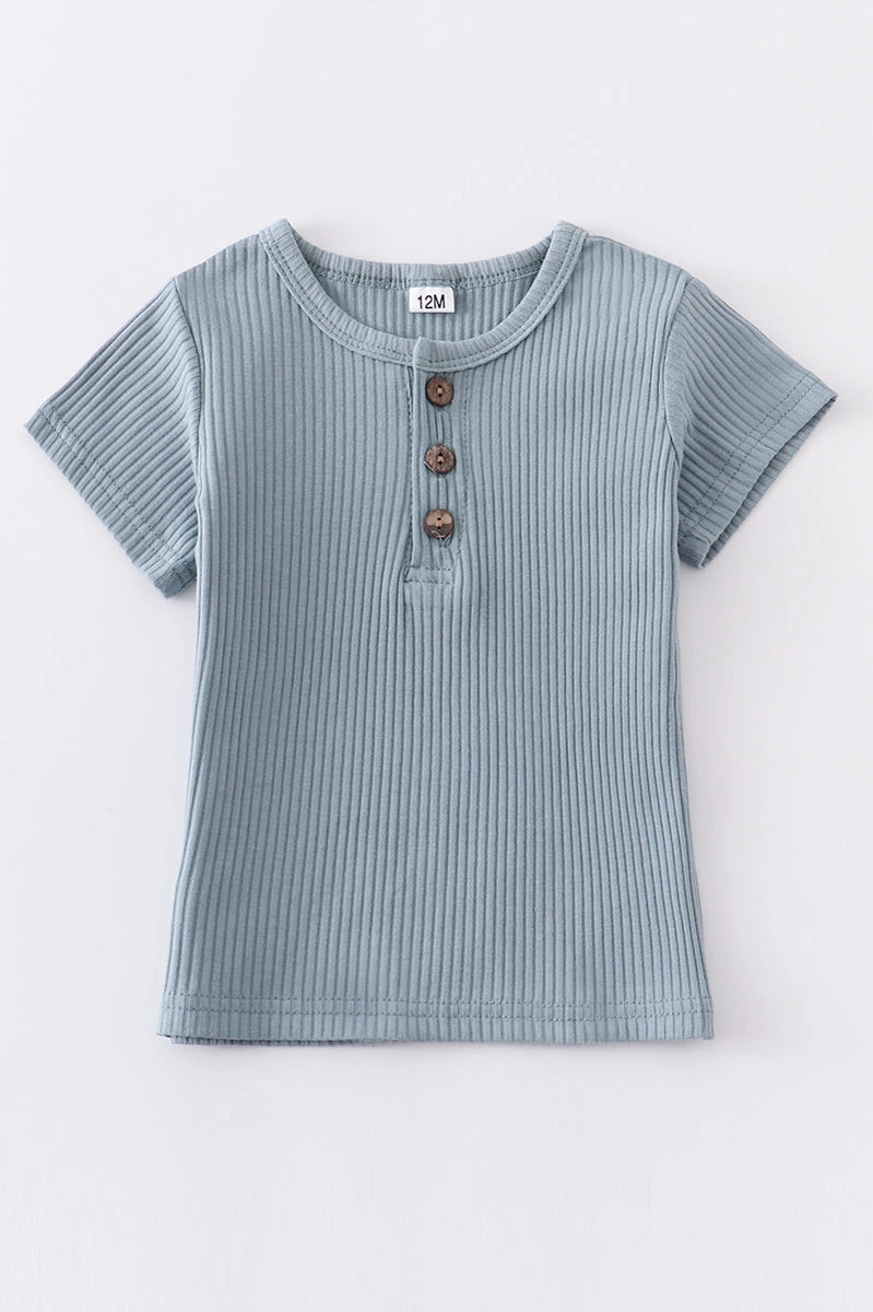 vintage inspired blue ribbed cotton shirt with wooden buttons