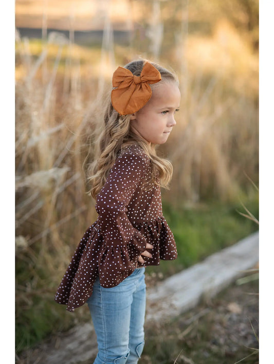 girls brown satin ruffle sleeve hi-low shirt with white polka dots