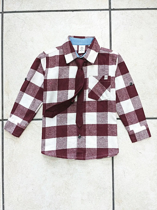 boys red plaid checked long sleeve flannel shirt with removable tie
