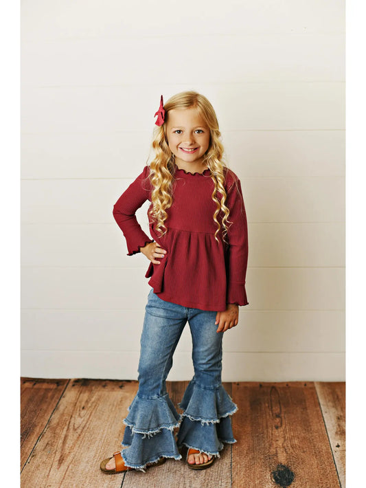 girls burgundy red wine colored dress shirt with bell sleeves 