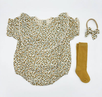 Maisie Mustard Floral Romper: Romper 2pc + socks