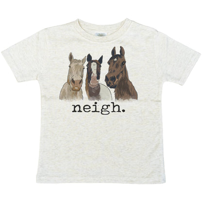 White t-shirt with illustrations of three horses and the word 'neigh' on a white background