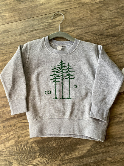 light grey children's sweatshirt with three pine trees and a moon on it