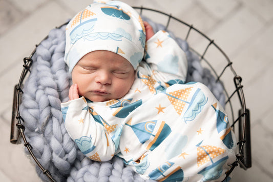 Infant Unisex Blue Sail Boat Baby Gown and Hat Set