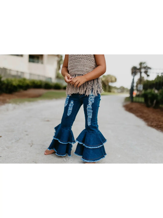 Girls distressed denim jeans with bell bottoms