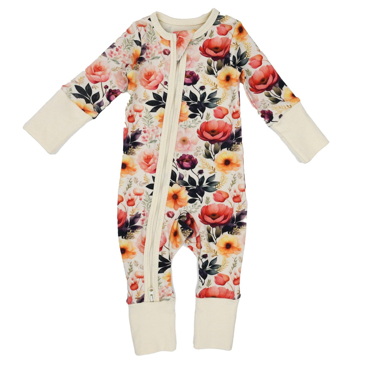 Floral-patterned baby onesie with a zipper on a white background