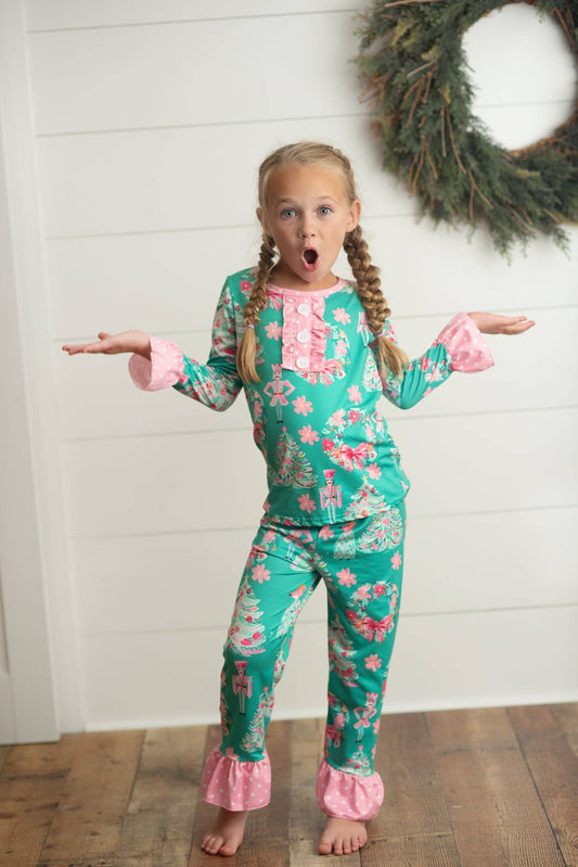 Green & Pink Ruffle Nutcracker Pajama Set