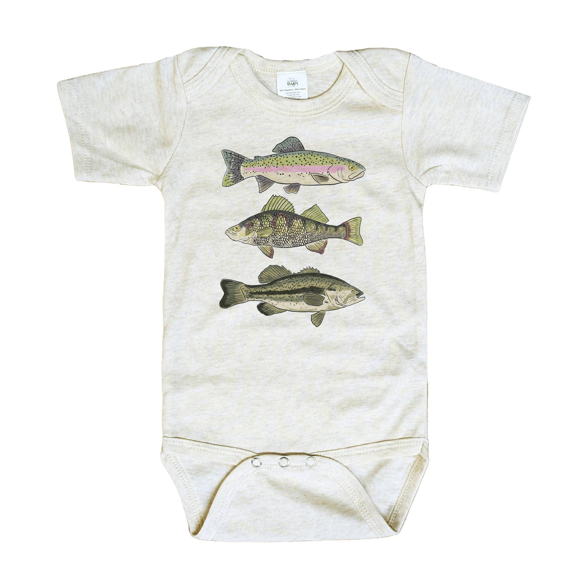 Baby onesie with fish illustrations on a white background