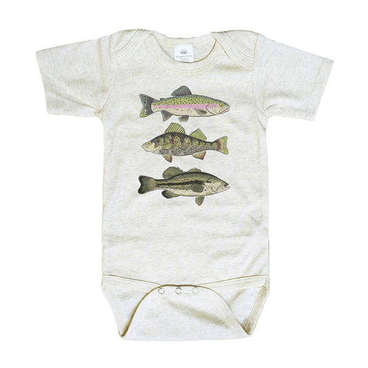 Baby onesie with fish illustrations on a white background