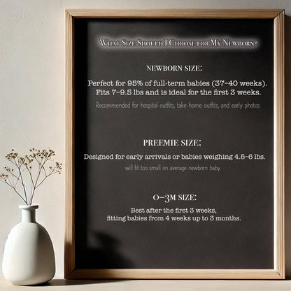 Framed chart detailing baby size information on a neutral background with a vase.