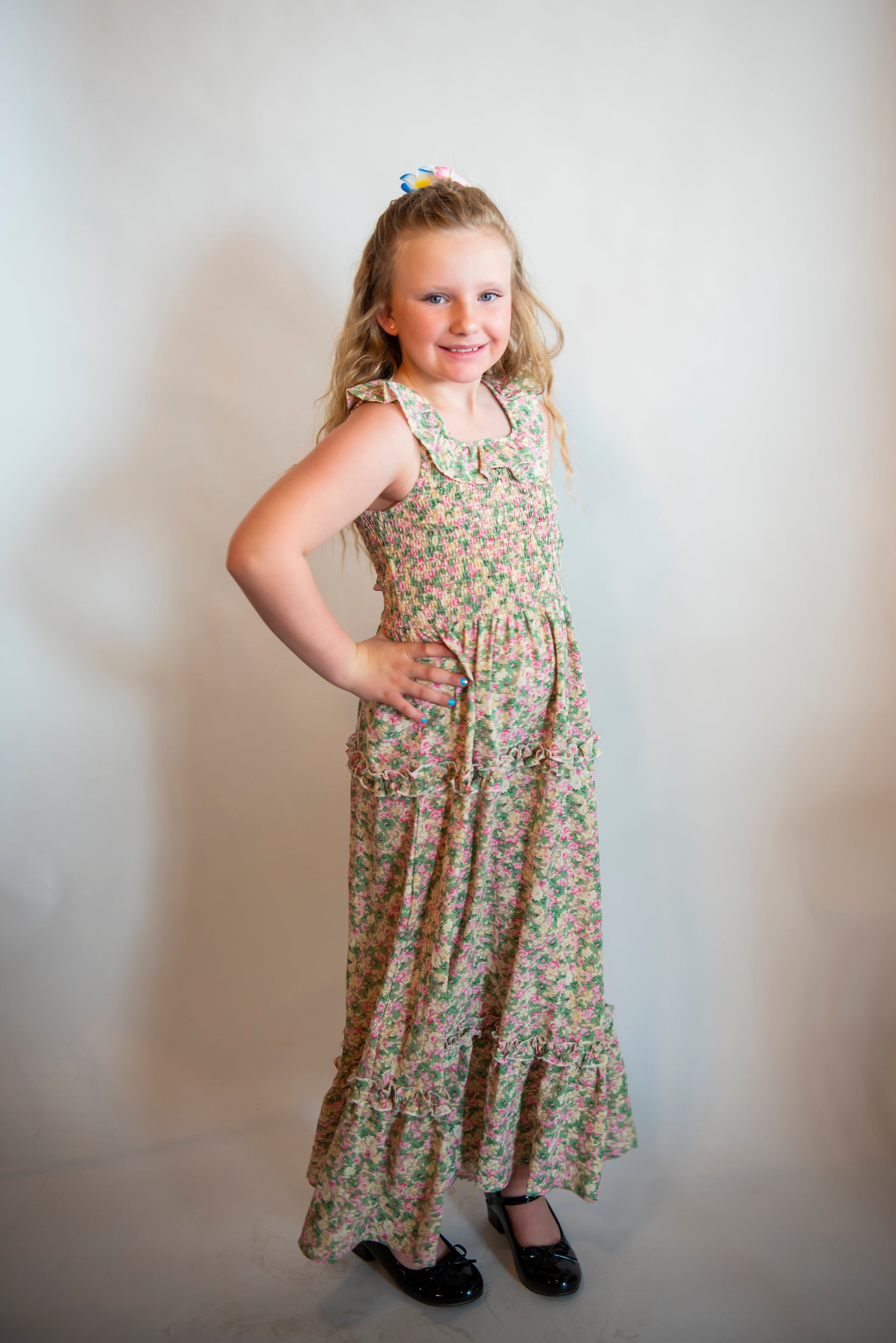tween girl maxi dress with pink and green flowers