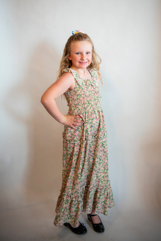 tween girl maxi dress with pink and green flowers