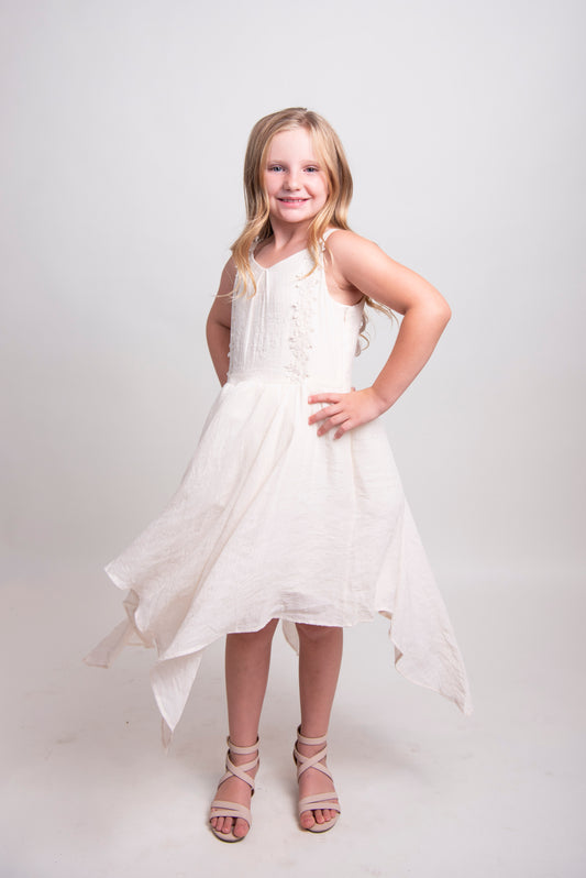tween girl cream color dress with lace detail