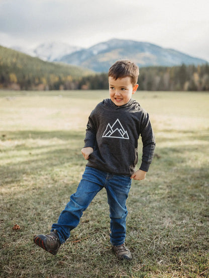 kids dark grey mountain hoodie for camping and outdoor activity