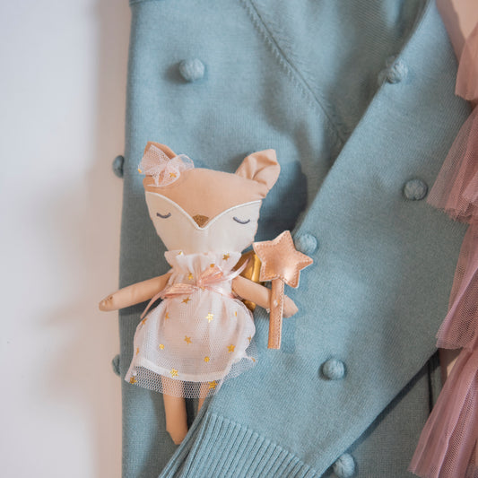 small fabric fox fairy toy with tulle dress gold wings and star wand