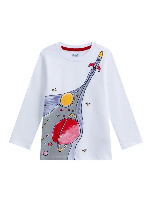boys white long sleeve crew neck shirt with red grey and yellow space ship graphics